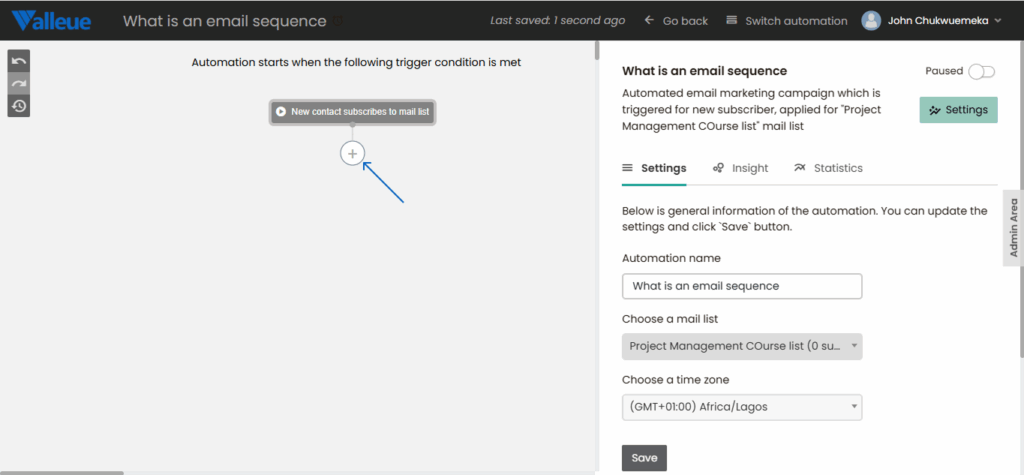 Add plus sign  to define automation parameters on ValleueMail 